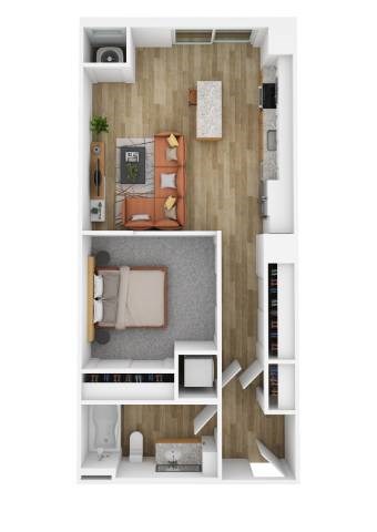Floor plan for 1 bed, 1 bath, 671 sqft